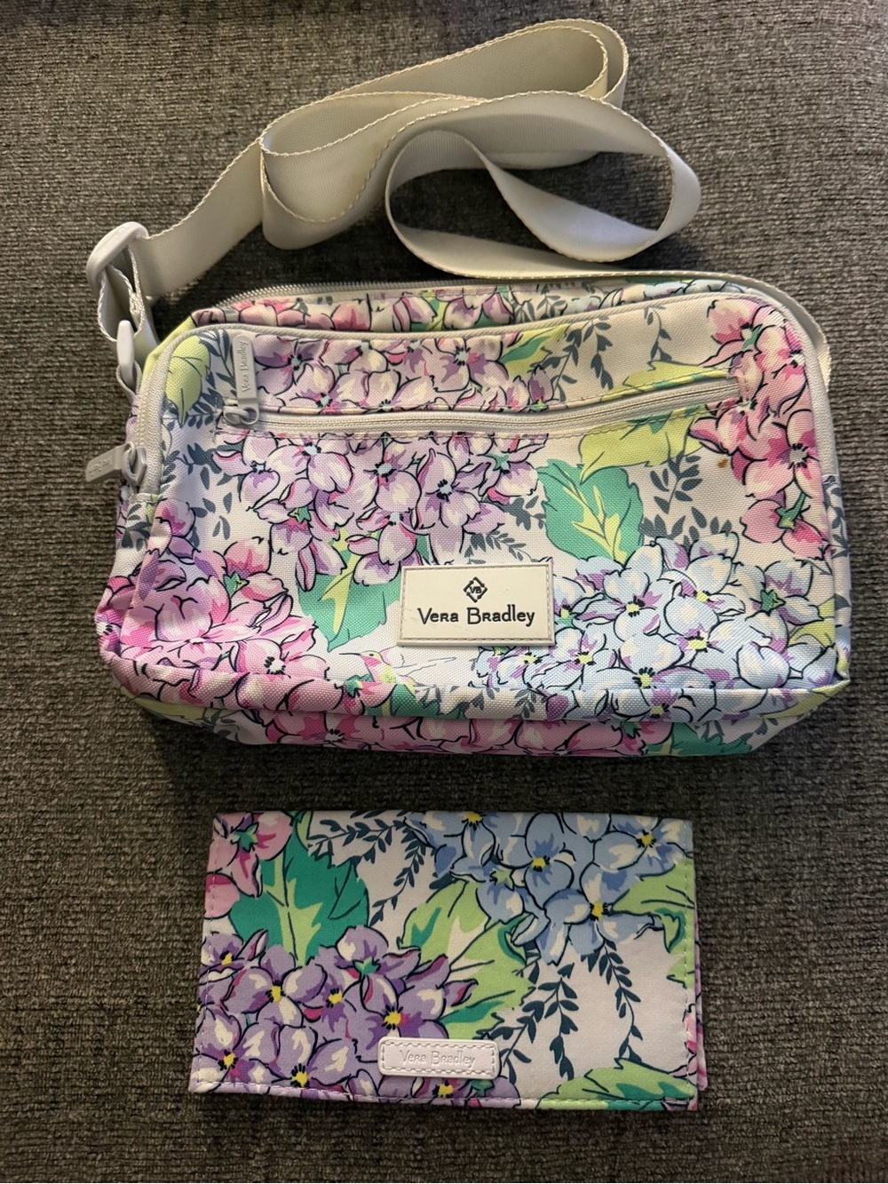 Vera Bradley Pastel Floral Crossbody in Pink, Lavender, Green and checkbook hold